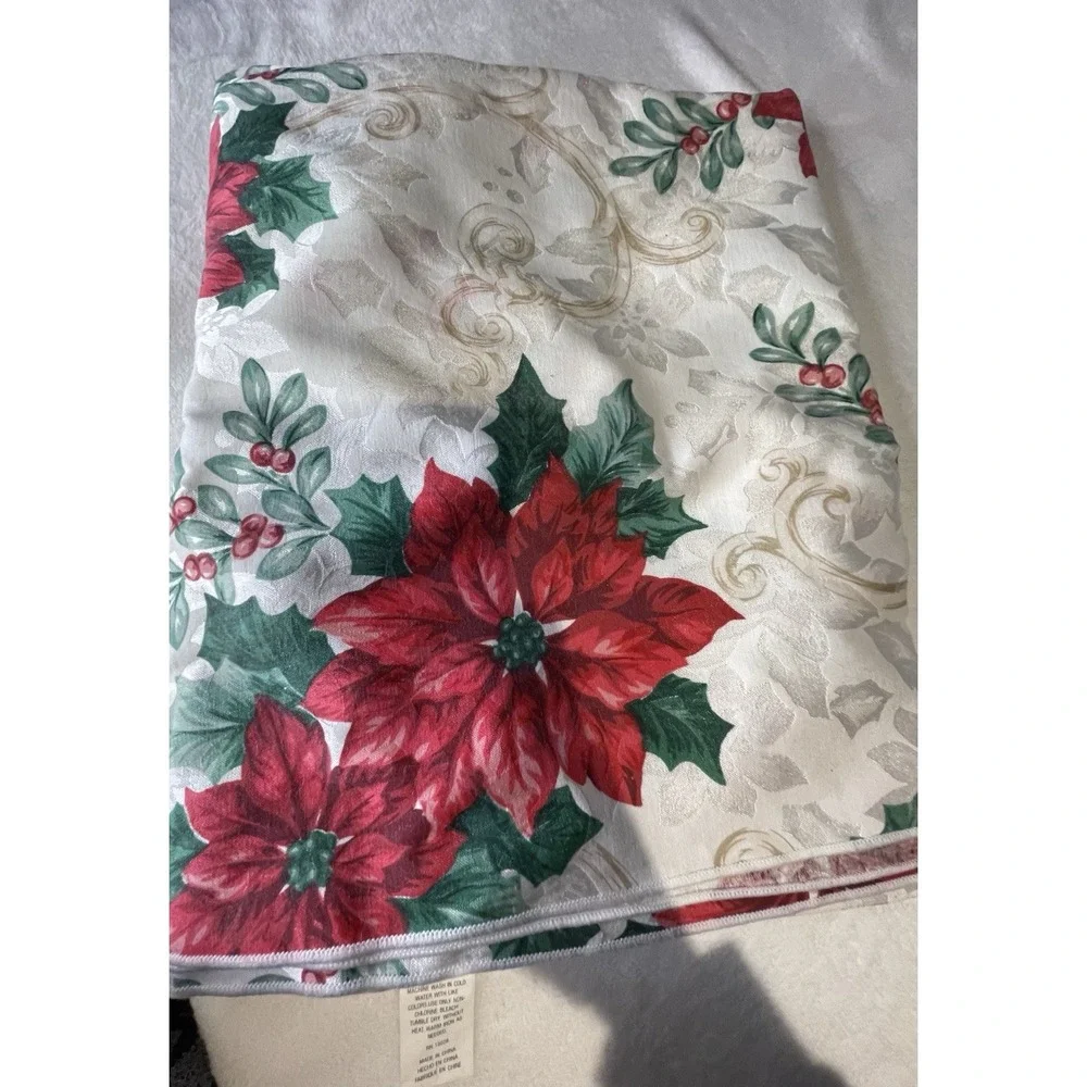 Vintage Christmas Tablecloth 59 X 83 Damask Red Poinsettia Green Holly White